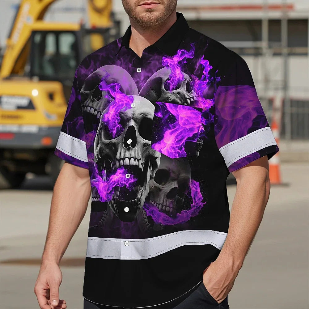 Hi Vis Hawaiian Shirt Reflective Tapes Violet Neon Smoke Skull Custom Name Safety Workwear For Workers, Truckers, Operators