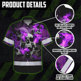 Hi Vis Hawaiian Shirt Reflective Tapes Violet Neon Smoke Skull Custom Name Safety Workwear For Workers, Truckers, Operators