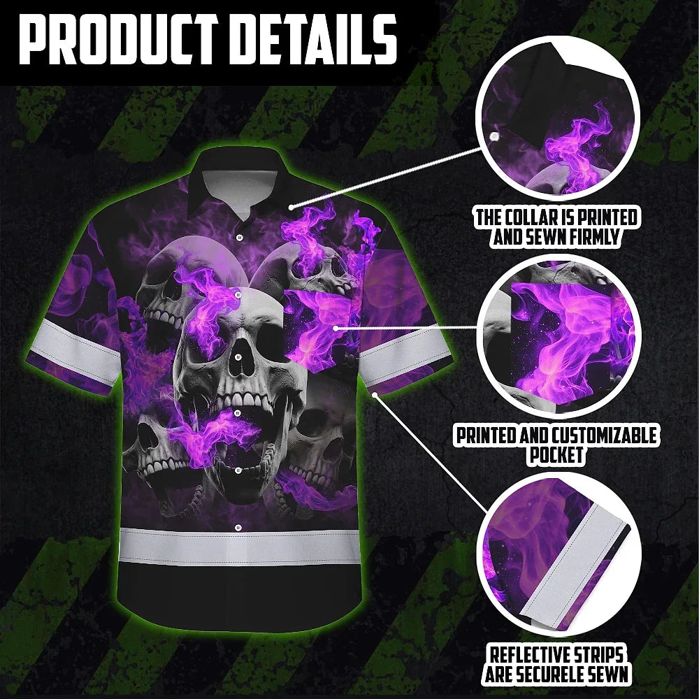 Hi Vis Hawaiian Shirt Reflective Tapes Violet Neon Smoke Skull Custom Name Safety Workwear For Workers, Truckers, Operators