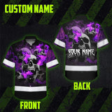 Hi Vis Hawaiian Shirt Reflective Tapes Violet Neon Smoke Skull Custom Name Safety Workwear For Workers, Truckers, Operators