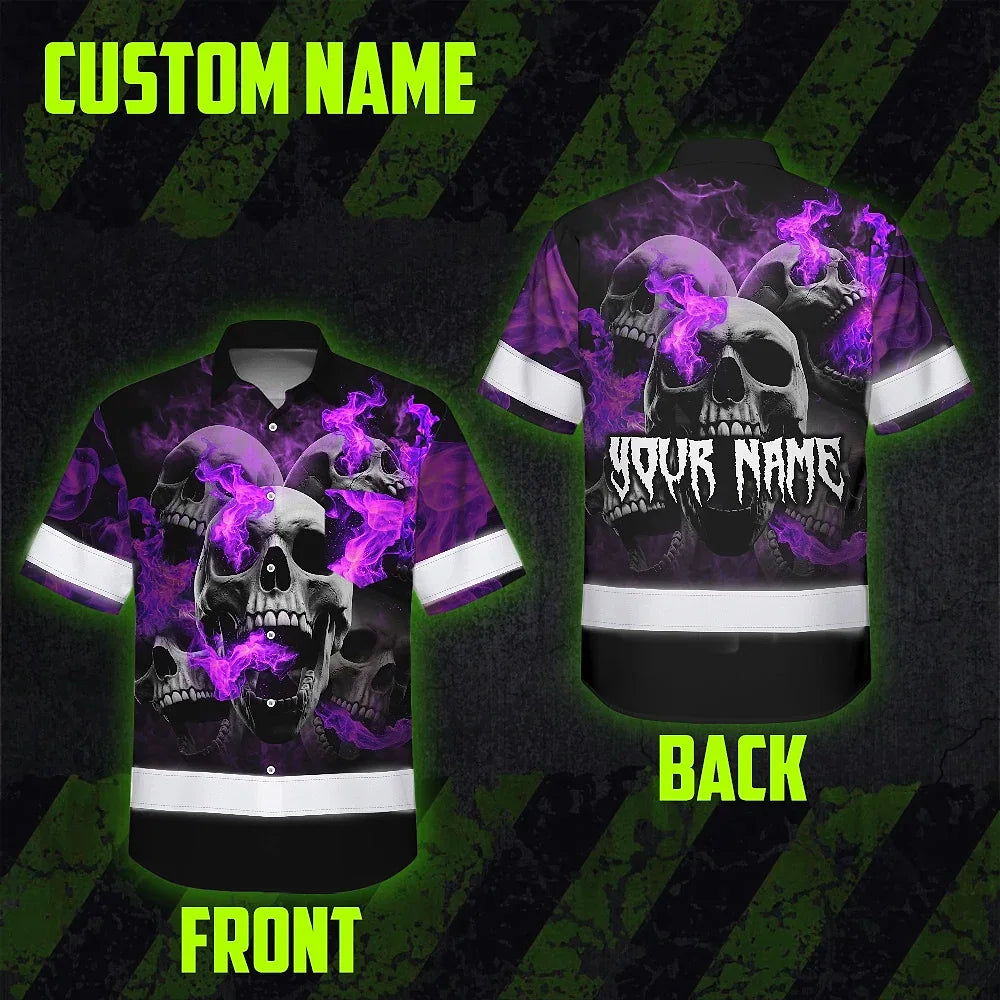 Hi Vis Hawaiian Shirt Reflective Tapes Violet Neon Smoke Skull Custom Name Safety Workwear For Workers, Truckers, Operators