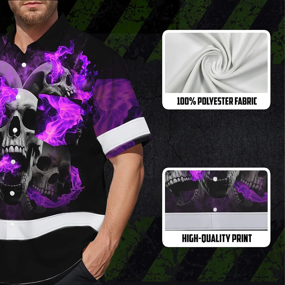 Hi Vis Hawaiian Shirt Reflective Tapes Violet Neon Smoke Skull Custom Name Safety Workwear For Workers, Truckers, Operators