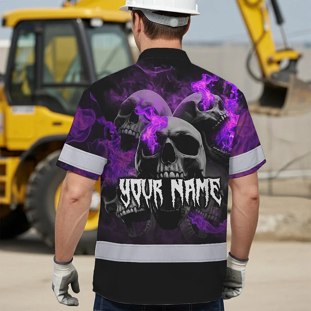 Hi Vis Hawaiian Shirt Reflective Tapes Violet Neon Smoke Skull Custom Name Safety Workwear For Workers, Truckers, Operators