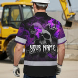 Hi Vis Hawaiian Shirt Reflective Tapes Violet Neon Smoke Skull Custom Name Safety Workwear For Workers, Truckers, Operators