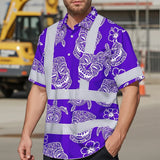 Hi Vis Hawaiian Shirt Reflective Tapes Violet Neon Tiki Custom Name Safety Workwear For Workers, Truckers, Operators