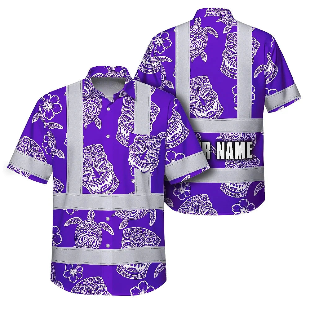 Hi Vis Hawaiian Shirt Reflective Tapes Violet Neon Tiki Custom Name Safety Workwear For Workers, Truckers, Operators