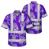 Hi Vis Hawaiian Shirt Reflective Tapes Violet Neon Tiki Custom Name Safety Workwear For Workers, Truckers, Operators