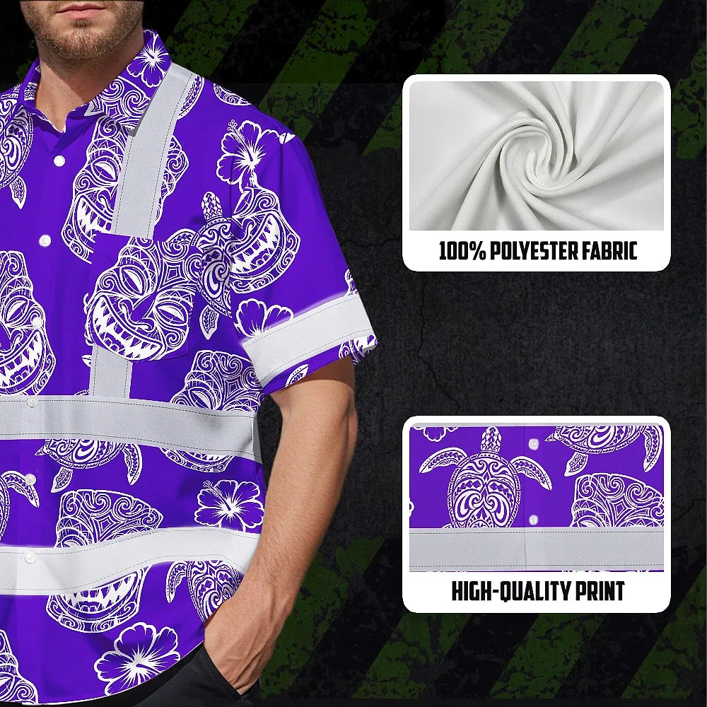 Hi Vis Hawaiian Shirt Reflective Tapes Violet Neon Tiki Custom Name Safety Workwear For Workers, Truckers, Operators