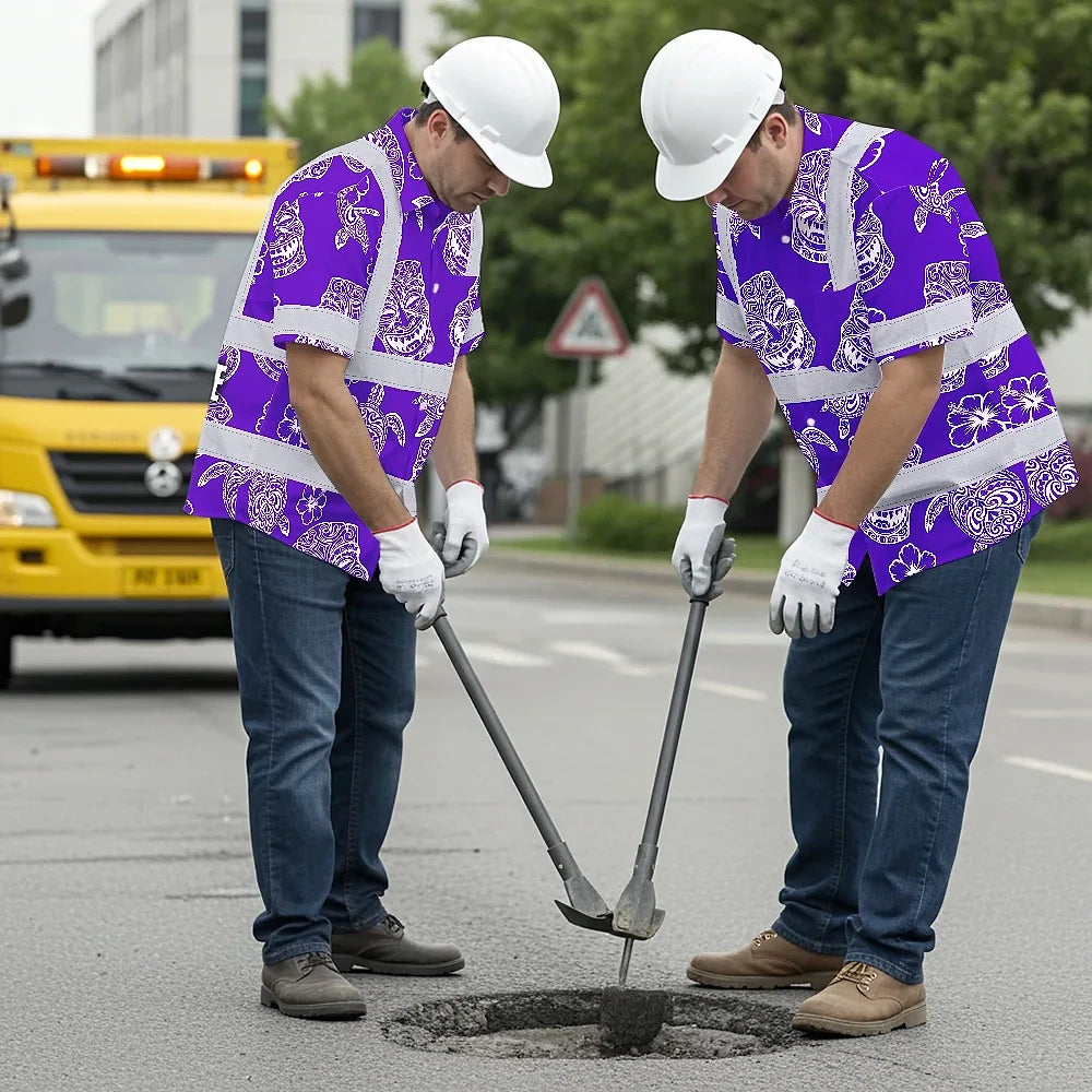 Hi Vis Hawaiian Shirt Reflective Tapes Violet Neon Tiki Custom Name Safety Workwear For Workers, Truckers, Operators