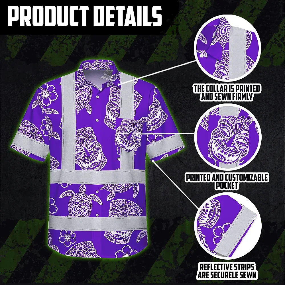 Hi Vis Hawaiian Shirt Reflective Tapes Violet Neon Tiki Custom Name Safety Workwear For Workers, Truckers, Operators