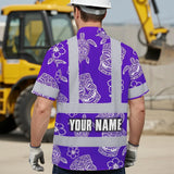 Hi Vis Hawaiian Shirt Reflective Tapes Violet Neon Tiki Custom Name Safety Workwear For Workers, Truckers, Operators