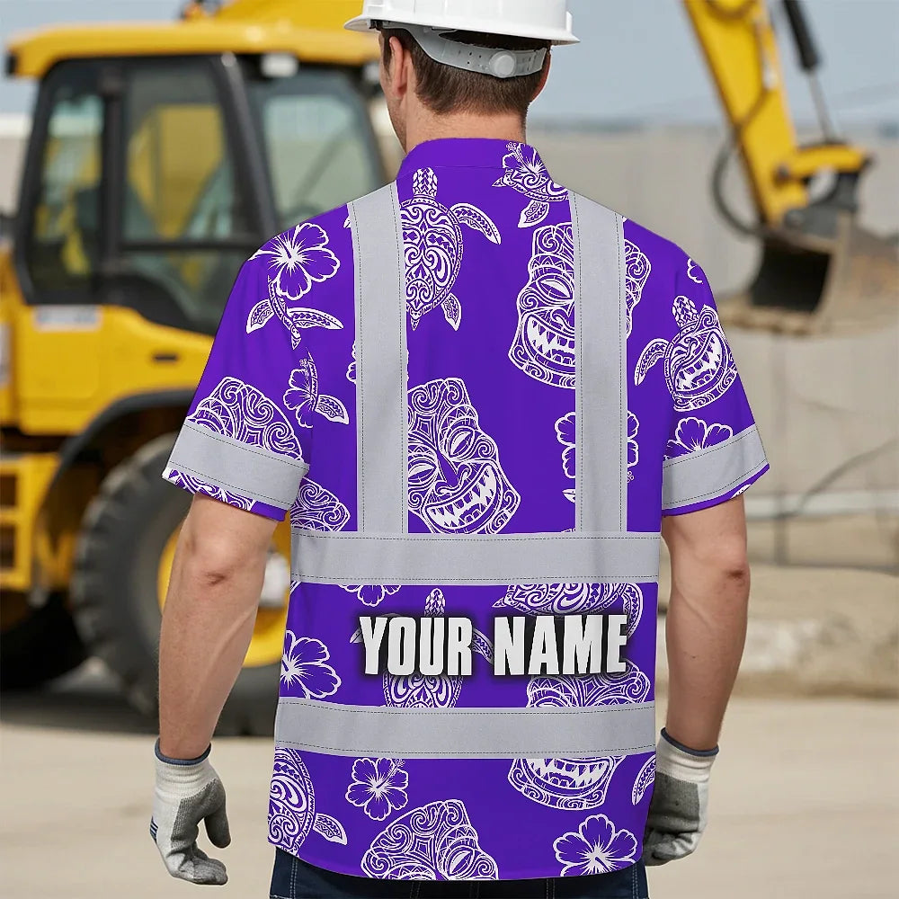 Hi Vis Hawaiian Shirt Reflective Tapes Violet Neon Tiki Custom Name Safety Workwear For Workers, Truckers, Operators