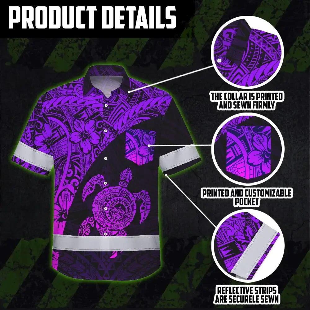 Hi Vis Hawaiian Shirt Reflective Tapes Violet Neon Turtle Hawaiian Polynesian Tribal