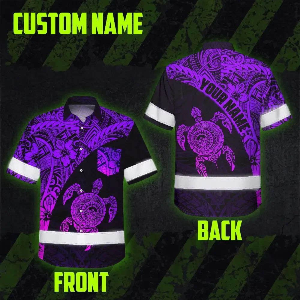 Hi Vis Hawaiian Shirt Reflective Tapes Violet Neon Turtle Hawaiian Polynesian Tribal