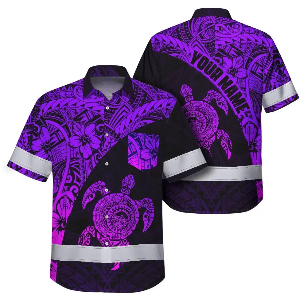 Hi Vis Hawaiian Shirt Reflective Tapes Violet Neon Turtle Hawaiian Polynesian Tribal