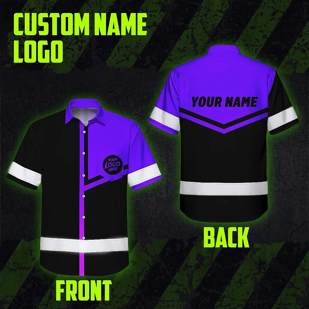 Hi Vis Hawaiian Shirt Reflective Tapes Violet Neon Uniform Custom Name And Logo