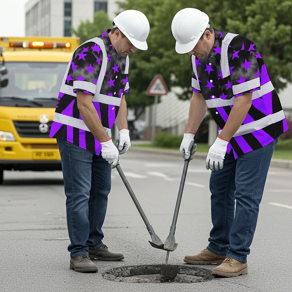 Hi Vis Hawaiian Shirt Reflective Tapes Violet Neon US Flag Custom Name Safety Workwear For Workers, Truckers, Operators