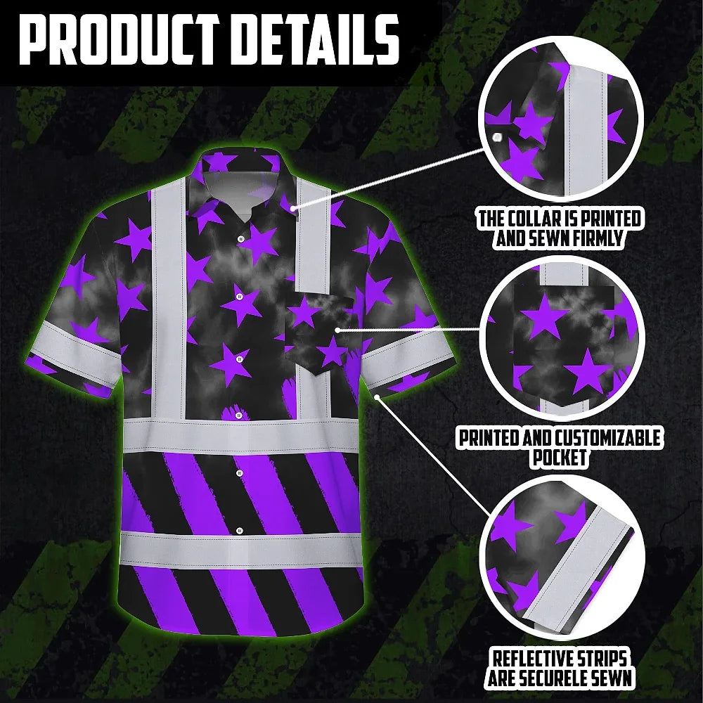 Hi Vis Hawaiian Shirt Reflective Tapes Violet Neon US Flag Custom Name Safety Workwear For Workers, Truckers, Operators