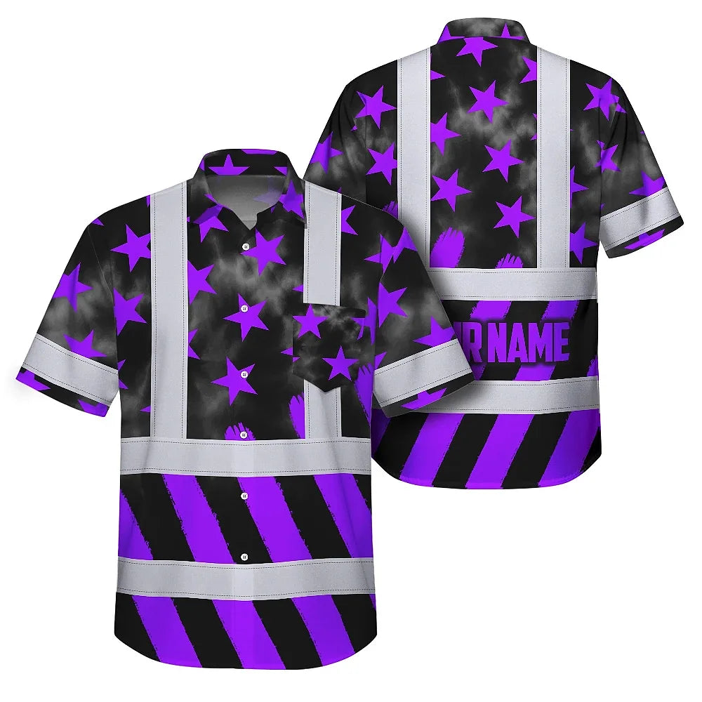 Hi Vis Hawaiian Shirt Reflective Tapes Violet Neon US Flag Custom Name Safety Workwear For Workers, Truckers, Operators