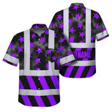 Hi Vis Hawaiian Shirt Reflective Tapes Violet Neon US Flag Custom Name Safety Workwear For Workers, Truckers, Operators
