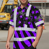 Hi Vis Hawaiian Shirt Reflective Tapes Violet Neon US Flag Custom Name Safety Workwear For Workers, Truckers, Operators
