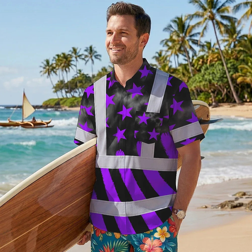 Hi Vis Hawaiian Shirt Reflective Tapes Violet Neon US Flag Custom Name Safety Workwear For Workers, Truckers, Operators