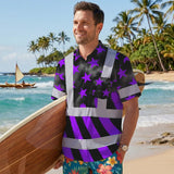 Hi Vis Hawaiian Shirt Reflective Tapes Violet Neon US Flag Custom Name Safety Workwear For Workers, Truckers, Operators