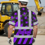 Hi Vis Hawaiian Shirt Reflective Tapes Violet Neon US Flag Custom Name Safety Workwear For Workers, Truckers, Operators