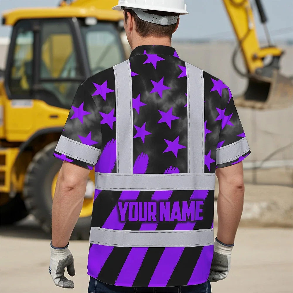 Hi Vis Hawaiian Shirt Reflective Tapes Violet Neon US Flag Custom Name Safety Workwear For Workers, Truckers, Operators
