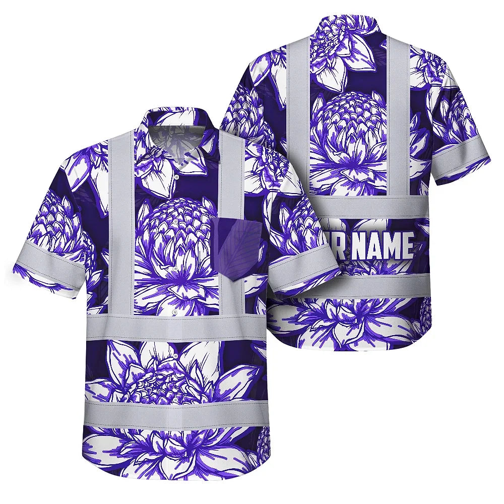 Hi Vis Hawaiian Shirt Reflective Tapes Violet Neon White Protea Custom Name Safety Workwear For Workers, Truckers, Operators
