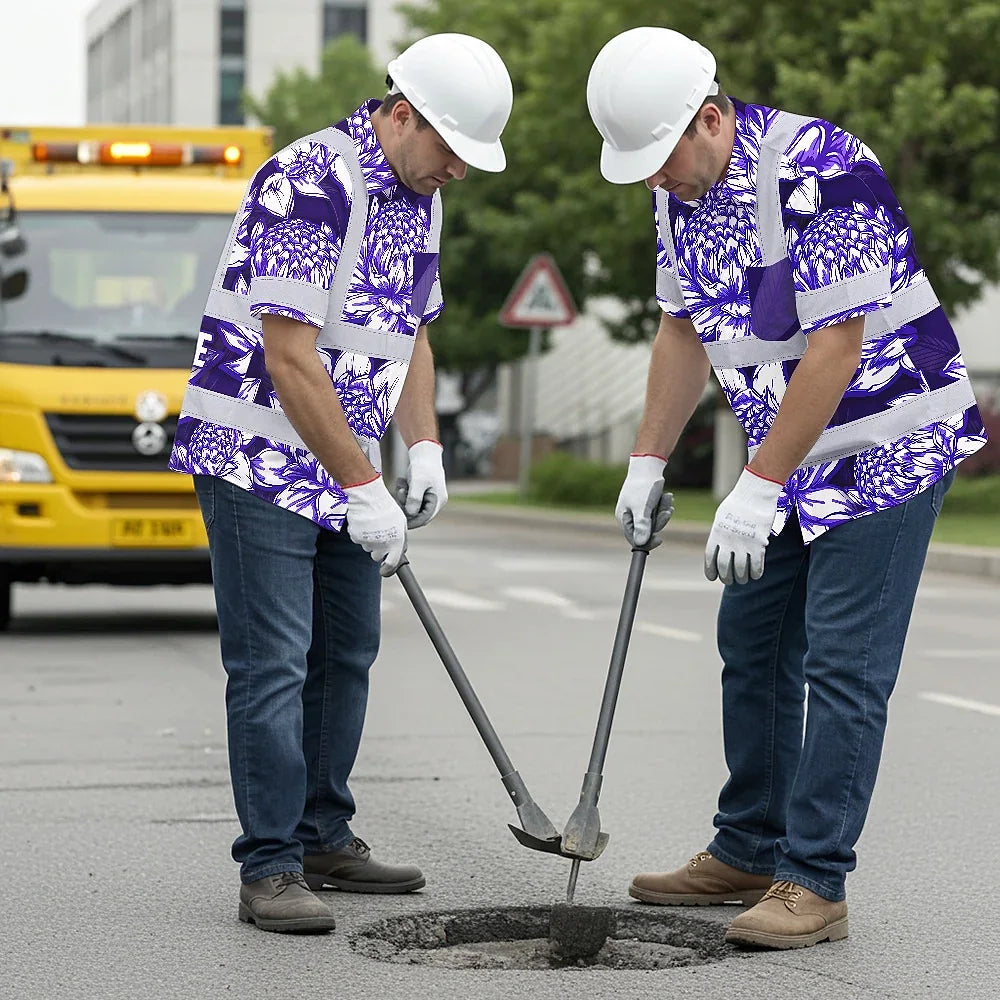 Hi Vis Hawaiian Shirt Reflective Tapes Violet Neon White Protea Custom Name Safety Workwear For Workers, Truckers, Operators