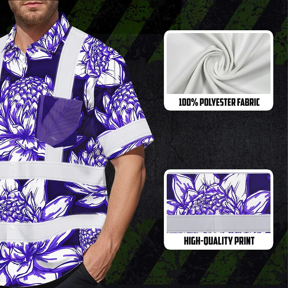 Hi Vis Hawaiian Shirt Reflective Tapes Violet Neon White Protea Custom Name Safety Workwear For Workers, Truckers, Operators