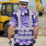 Hi Vis Hawaiian Shirt Reflective Tapes Violet Neon White Protea Custom Name Safety Workwear For Workers, Truckers, Operators