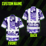 Hi Vis Hawaiian Shirt Reflective Tapes Violet Neon White Protea Custom Name Safety Workwear For Workers, Truckers, Operators