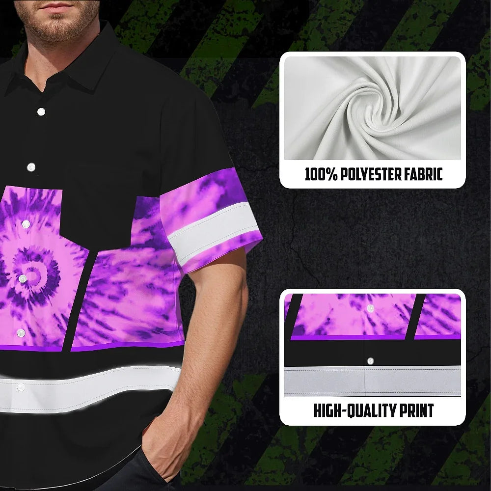 Hi Vis Hawaiian Shirt Reflective Tapes Violet Tie Dye Custom Name Safety Workwear For Workers, Runners, Cyclists