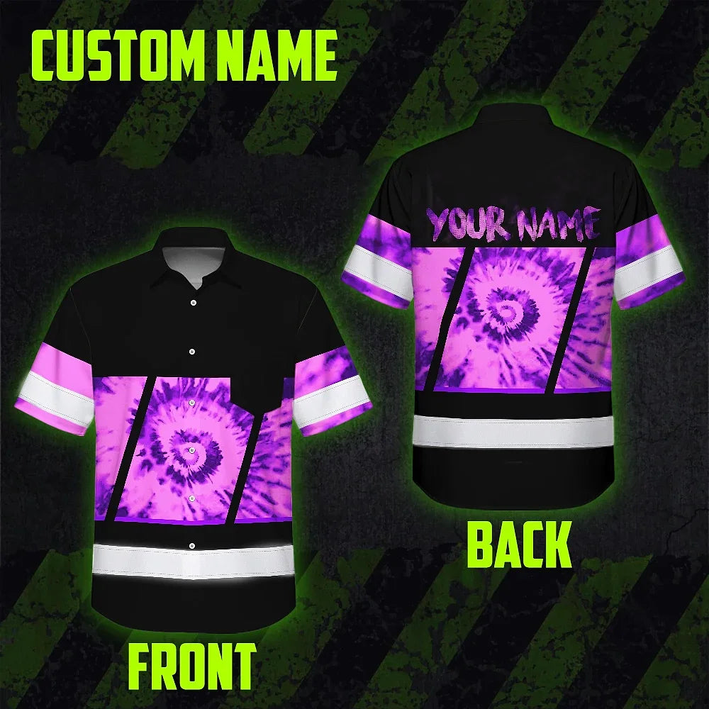 Hi Vis Hawaiian Shirt Reflective Tapes Violet Tie Dye Custom Name Safety Workwear For Workers, Runners, Cyclists