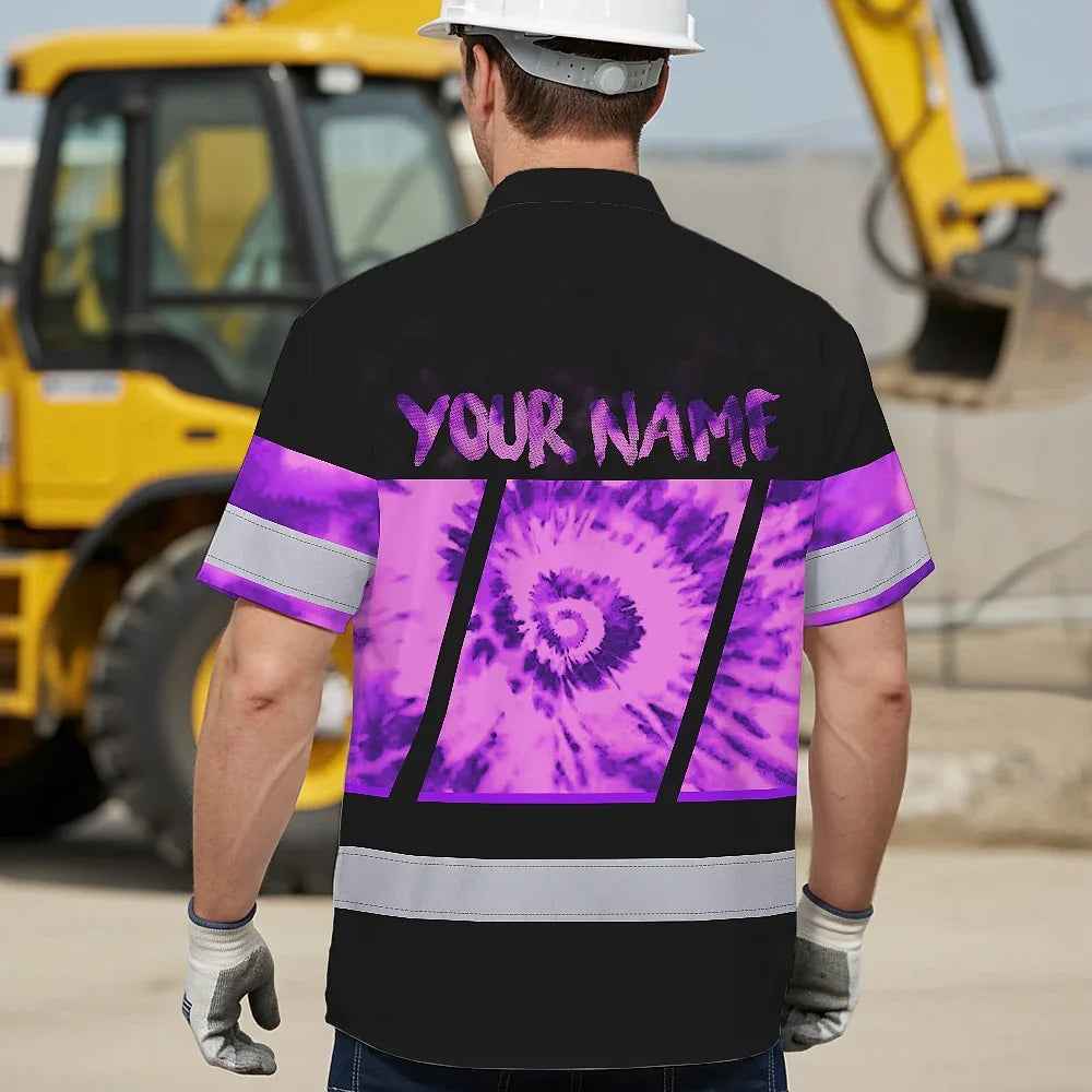Hi Vis Hawaiian Shirt Reflective Tapes Violet Tie Dye Custom Name Safety Workwear For Workers, Runners, Cyclists