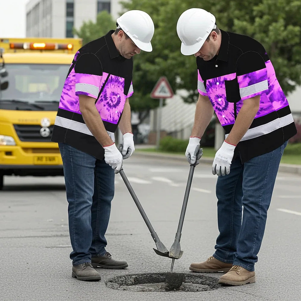 Hi Vis Hawaiian Shirt Reflective Tapes Violet Tie Dye Custom Name Safety Workwear For Workers, Runners, Cyclists