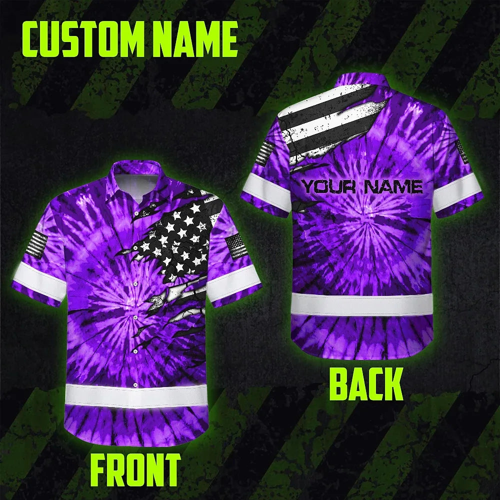 Hi Vis Hawaiian Shirt Reflective Tapes Violet Tie Dye US Flag Scratch Custom Name Safety Workwear For Workers, Runners, Cyclists