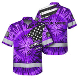 Hi Vis Hawaiian Shirt Reflective Tapes Violet Tie Dye US Flag Scratch Custom Name Safety Workwear For Workers, Runners, Cyclists