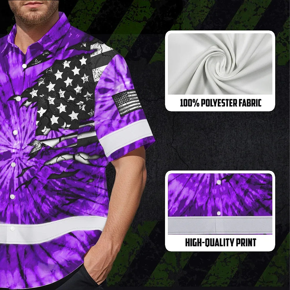 Hi Vis Hawaiian Shirt Reflective Tapes Violet Tie Dye US Flag Scratch Custom Name Safety Workwear For Workers, Runners, Cyclists
