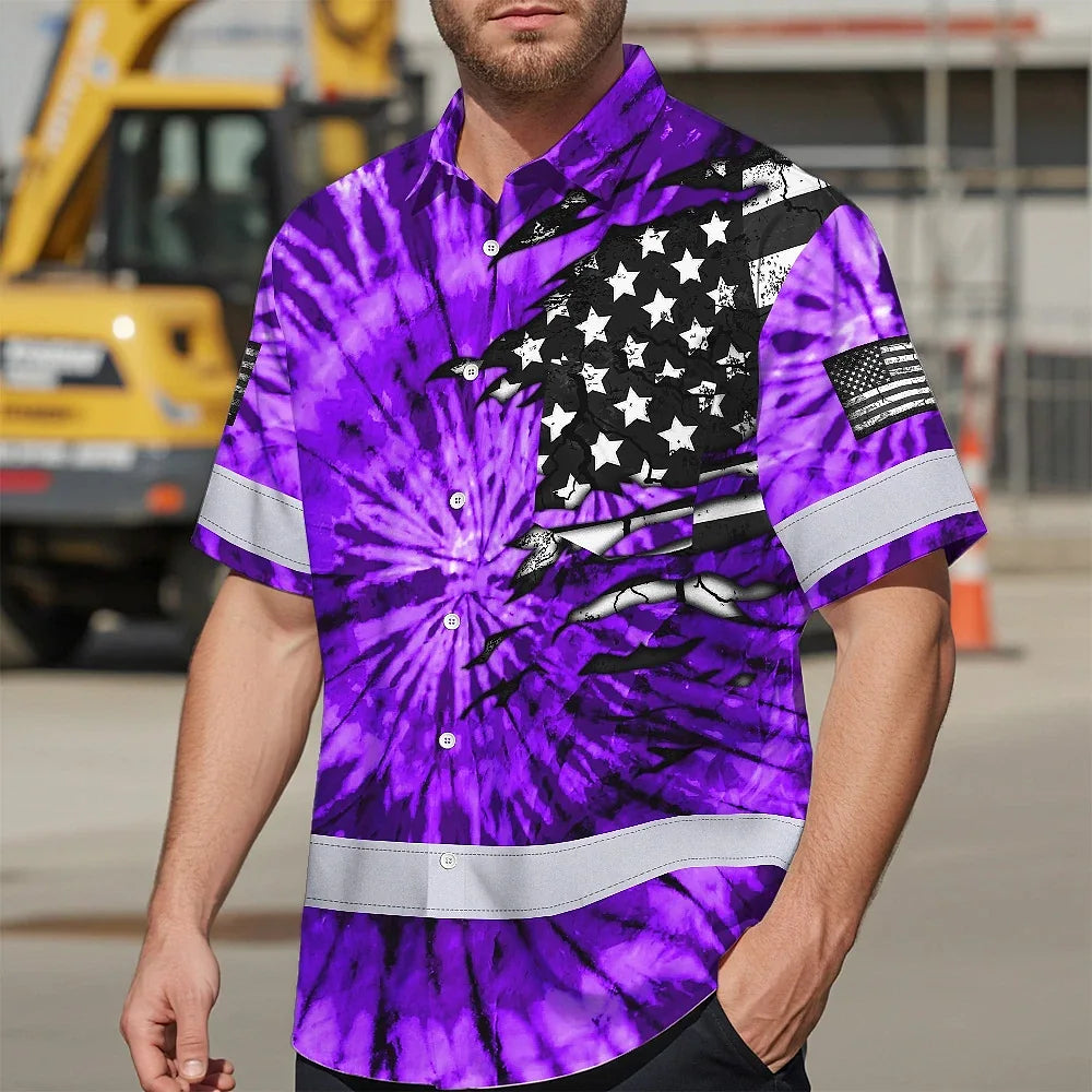 Hi Vis Hawaiian Shirt Reflective Tapes Violet Tie Dye US Flag Scratch Custom Name Safety Workwear For Workers, Runners, Cyclists