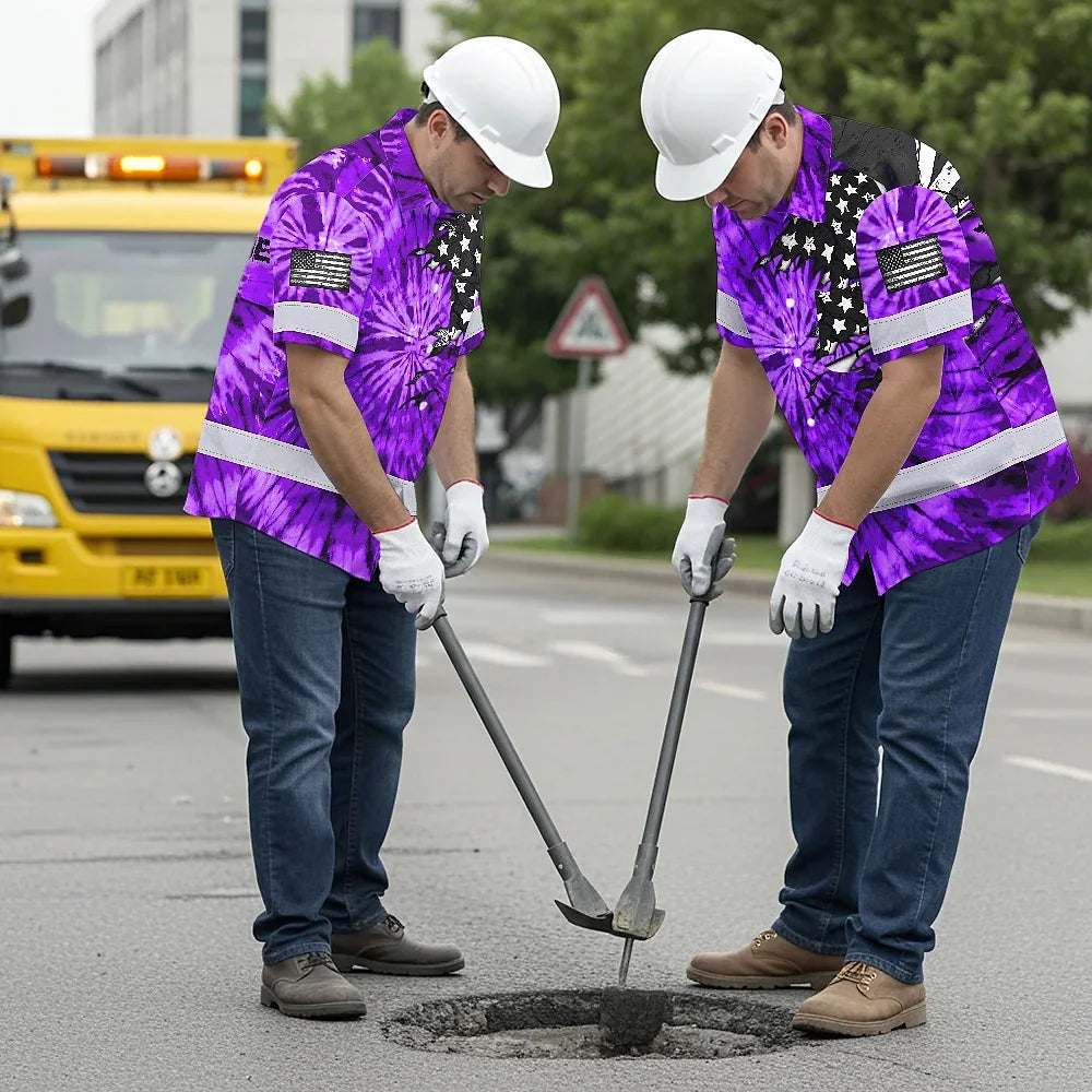 Hi Vis Hawaiian Shirt Reflective Tapes Violet Tie Dye US Flag Scratch Custom Name Safety Workwear For Workers, Runners, Cyclists