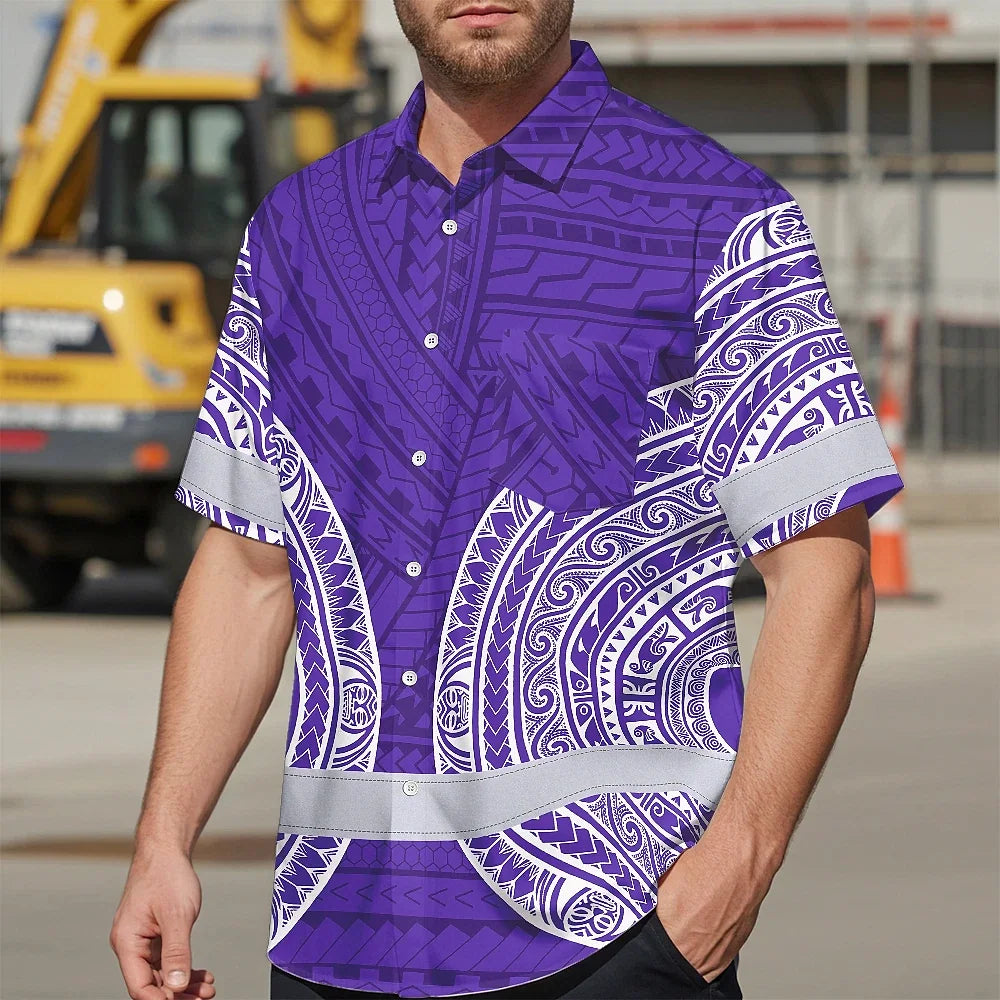 Hi Vis Hawaiian Shirt Reflective Tapes Violet White Polynesian Custom Name Safety Workwear For Workers, Truckers, Operators