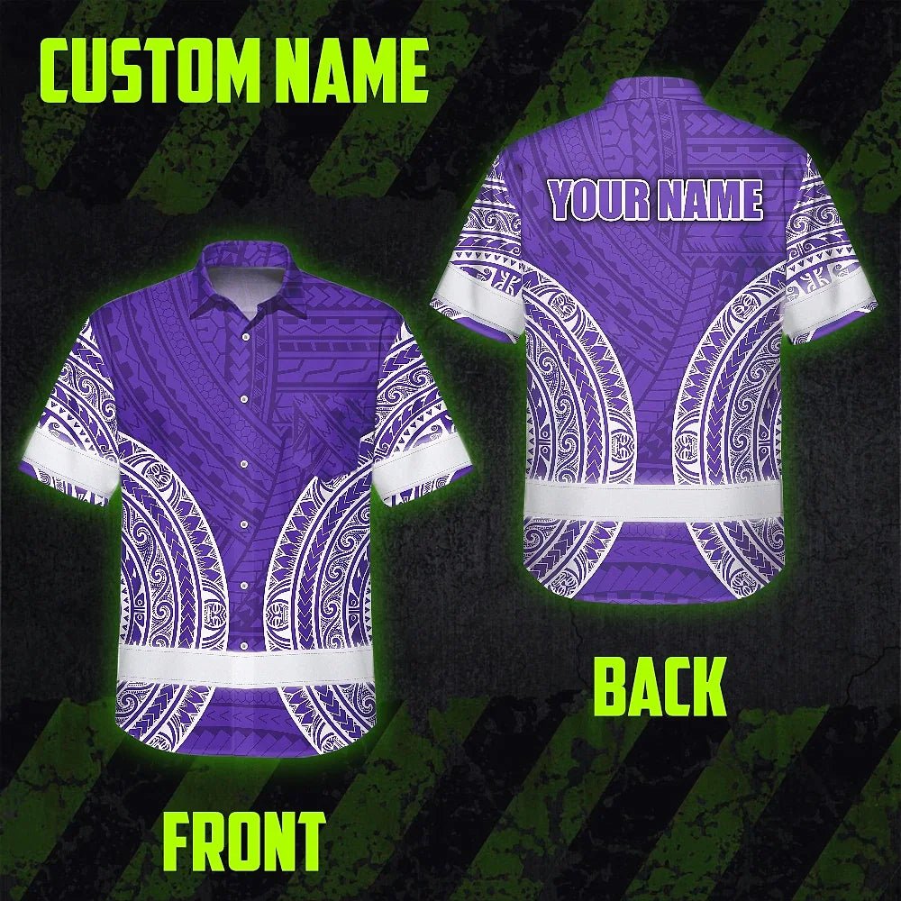 Hi Vis Hawaiian Shirt Reflective Tapes Violet White Polynesian Custom Name Safety Workwear For Workers, Truckers, Operators
