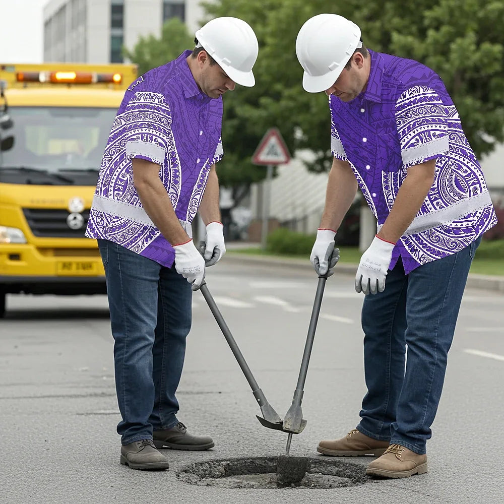 Hi Vis Hawaiian Shirt Reflective Tapes Violet White Polynesian Custom Name Safety Workwear For Workers, Truckers, Operators