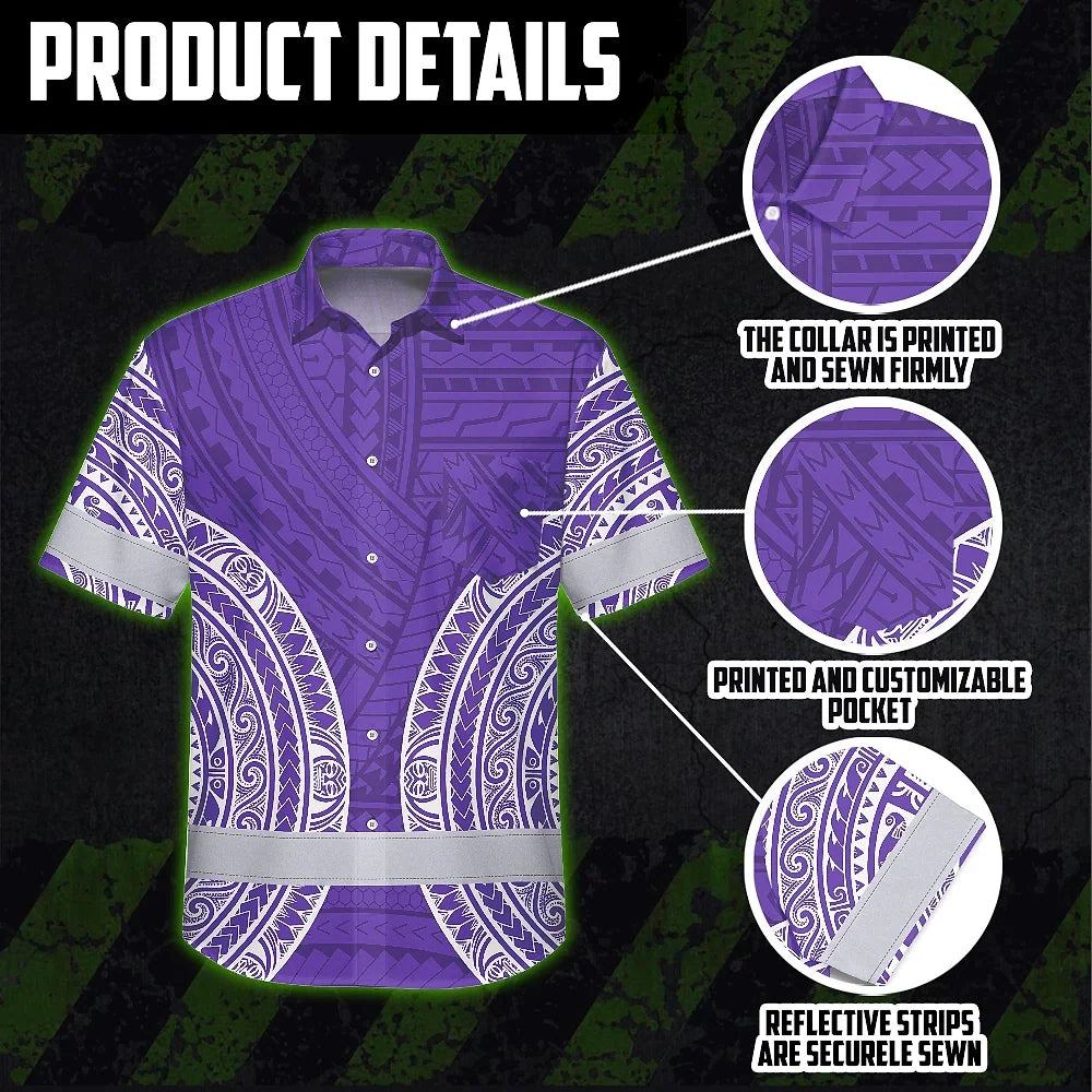 Hi Vis Hawaiian Shirt Reflective Tapes Violet White Polynesian Custom Name Safety Workwear For Workers, Truckers, Operators