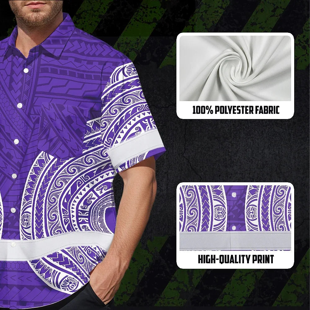 Hi Vis Hawaiian Shirt Reflective Tapes Violet White Polynesian Custom Name Safety Workwear For Workers, Truckers, Operators