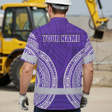 Hi Vis Hawaiian Shirt Reflective Tapes Violet White Polynesian Custom Name Safety Workwear For Workers, Truckers, Operators