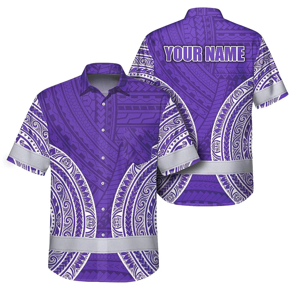 Hi Vis Hawaiian Shirt Reflective Tapes Violet White Polynesian Custom Name Safety Workwear For Workers, Truckers, Operators